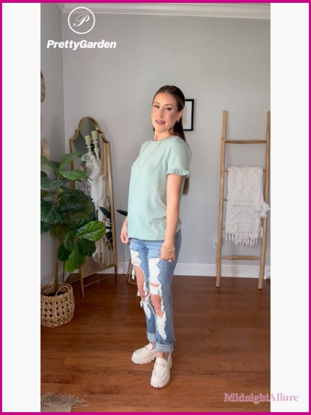 Women's Short Sleeve Ruffle Tee - Casual Loose Fit Summer Top - Picture 5 of 7